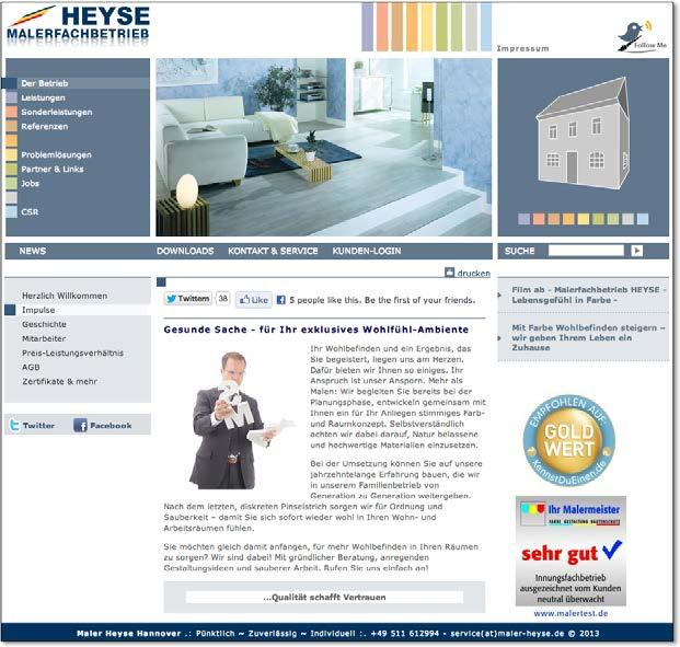 Best Practice: Der Malerfachbetrieb HEYSE 6.8 Abbildung 6.32 Auf der Website des Malerfachbetriebs HEYSE wird direkt auf Twitter und Facebook hingewiesen.