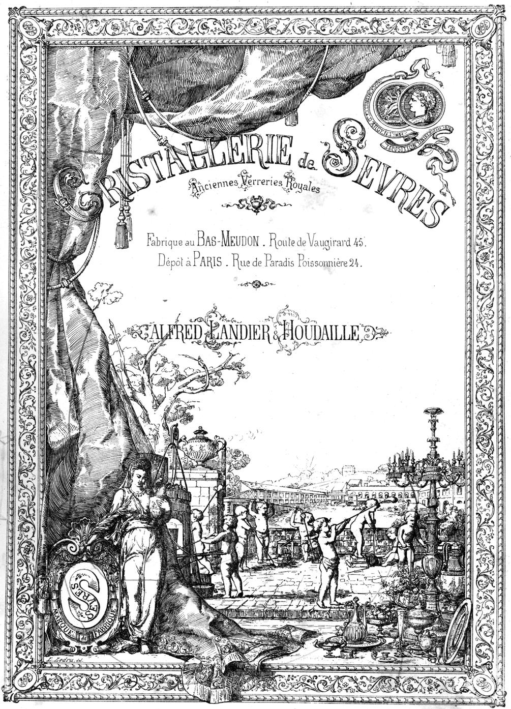 Abb. 2006-3-01/002 (Ausschnitt) MB Sèvres 1880, Titelblatt, Landschaft mit Putten als Glasbläser, Louis-Léon Ledru, heute im Musée des Arts décoratifs, Paris in der Ecke links unten, unter der Marke:
