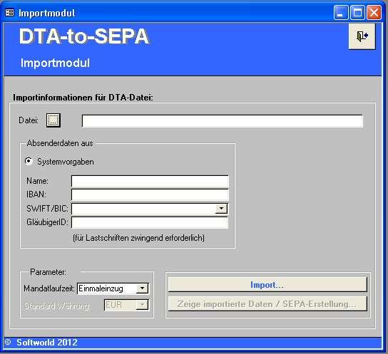 Datenimport Im ersten Schritt des Assistenten werden die Importinformationen erfasst. Wählen Sie im Schritt 1 die fertig erstellte DTA-Datei aus.