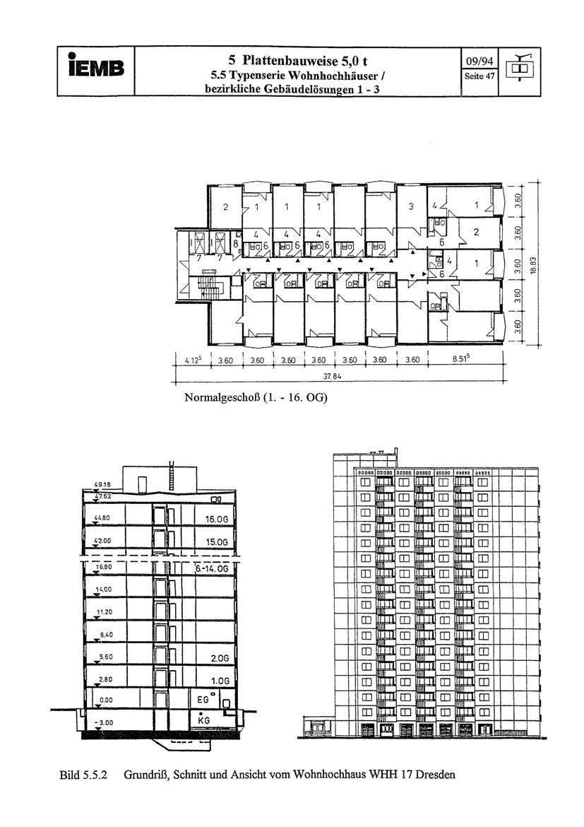 5 Plattenbauweise 5,0 t 09/94 IEMB 5.5 Typenserie Wohnhochhäuser/ Seite 47 c@ bezirkliche Gebäudelösuneen 1-3 '. 3.60 1 3.60. 3.60 3.60 3.60 3.60 3.60 37.84 Normalgeschoß (1. - 16.