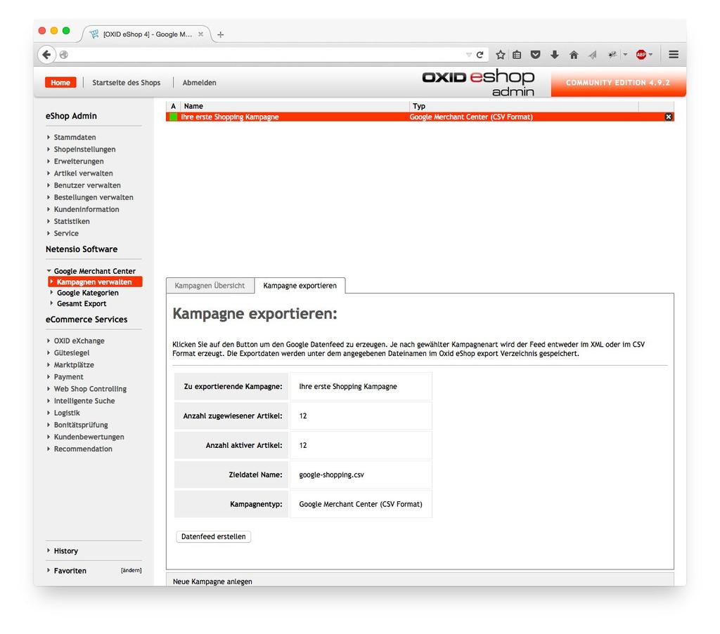 7.) Manueller Kampagnen Einzelexport Auf dem Screenshot befnden Sie sich im manuellen Kampagnen Export.