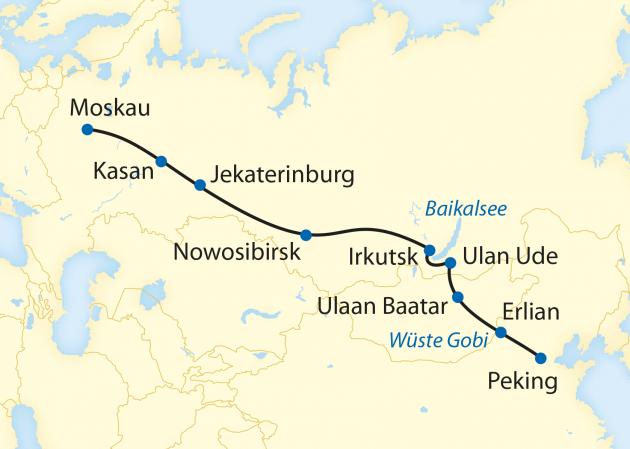 Unsere klassische Route: Moskau, Kasan, Jekaterinburg, Nowosibirsk, Irkutsk, Baikalsee, Ulaan Baatar, Peking. 1.
