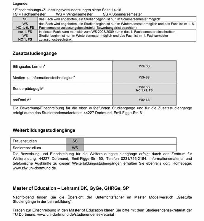 Studien- und Fächerangebot der Technischen Universität Dortmund Bei der Drucklegung dieser Broschüre befanden sich die NC-Studiengänge noch im