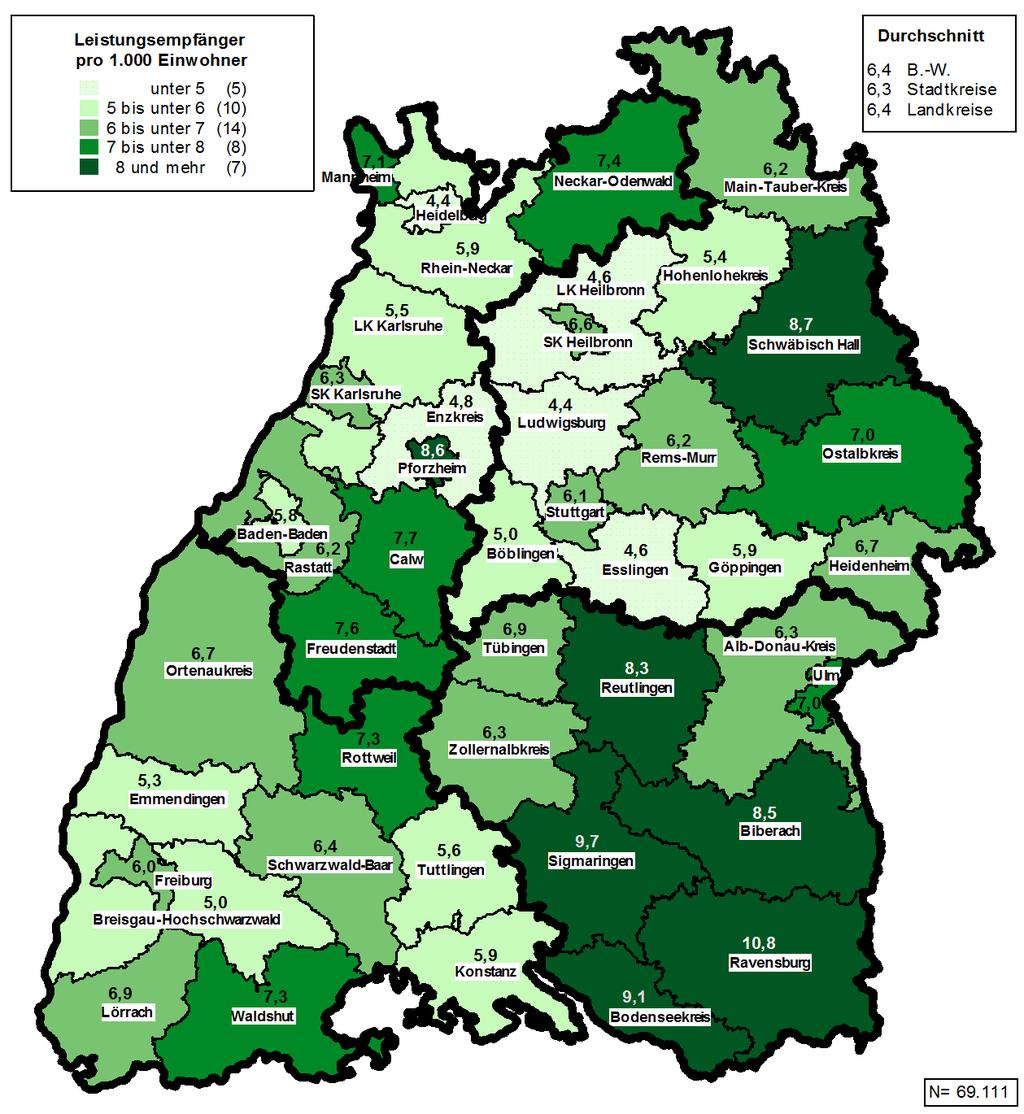 1 Entwicklungen in Baden-Württemberg Grafik 2: Leistungsempfänger in der Eingliederungshilfe in den Stadt- und Landkreisen zum Stichtag 31.12. pro 1.