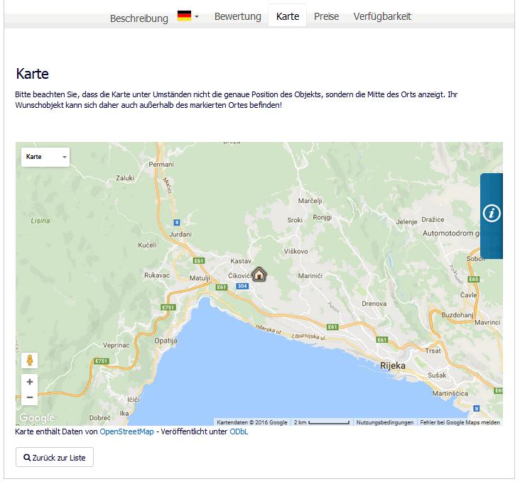 Objektdetailansicht Karte und Umgebung Kartenansicht über Google Maps Position des