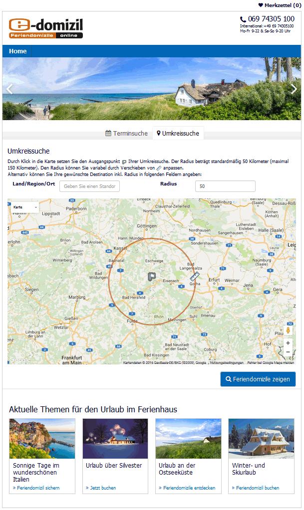 ICBE-Startseite im Reisebüro-Design Die Umkreissuche ermöglicht die gezielte