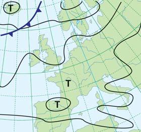 20 Flache Druckverteilung Über West- und Mitteleuropa sind die Druckgegensätze nur gering, auf der Wetterkarte am grossen Abstand der einzelnen Isobaren zu erkennen.