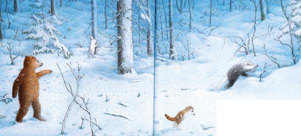 Die Freunde brachen auf. Während sie Fuchs überall suchten, wurde es immer dunkler im Wald. Es begann wieder zu schneien, und die Freunde konnten Fuchs' Spuren nicht sehen.