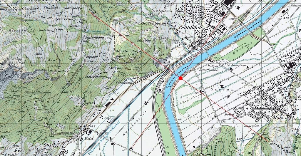 2.1.2 Alt Rüttena Die Abbildung 2 zeigt in der Mitte das LIDAR-Windmessgerät installiert auf dem Rheindamm mit Blick in Richtung Heliport Balzers im Hintergrund.