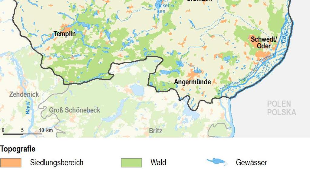 540 EW) Naturraum: größter Teil die landwirtschaftlich genutzte hügelige Grund- und Endmoränenlandschaft Uckermark; im Südwesten Wälder, Seen und Flussläufe; im Südosten die Flussauenlandschaft der