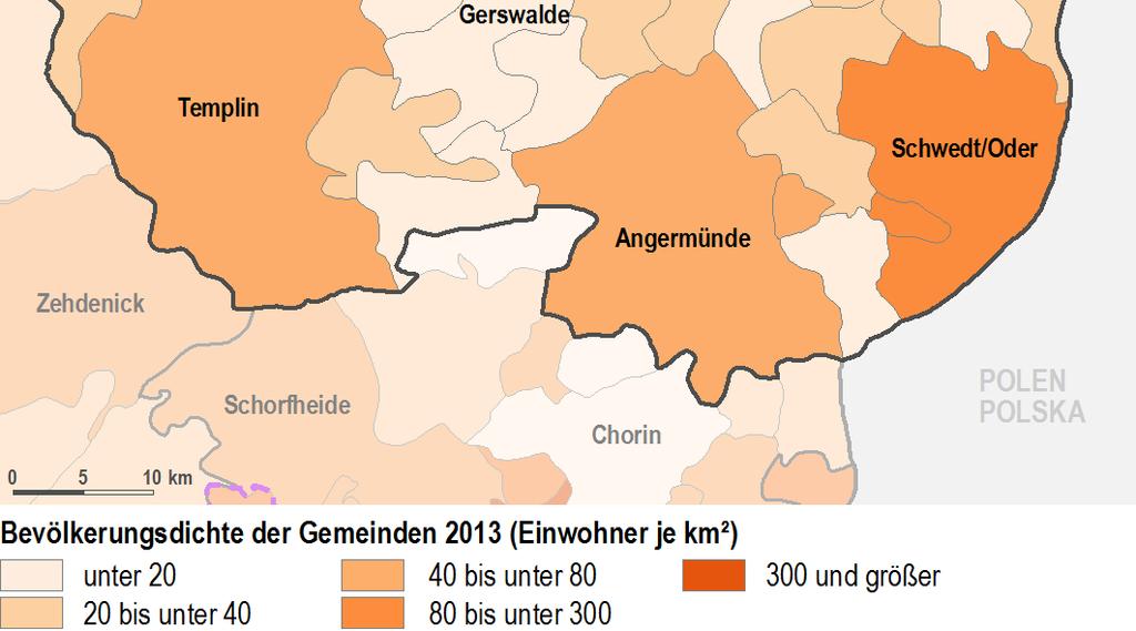 000 EW: Schwedt/Oder, Prenzlau, Templin und Angermünde keine Gemeinden mit 5.000 bis 10.000 EW, demzufolge 35 % der Kreisbevölkerung in Gemeinden unter 5.