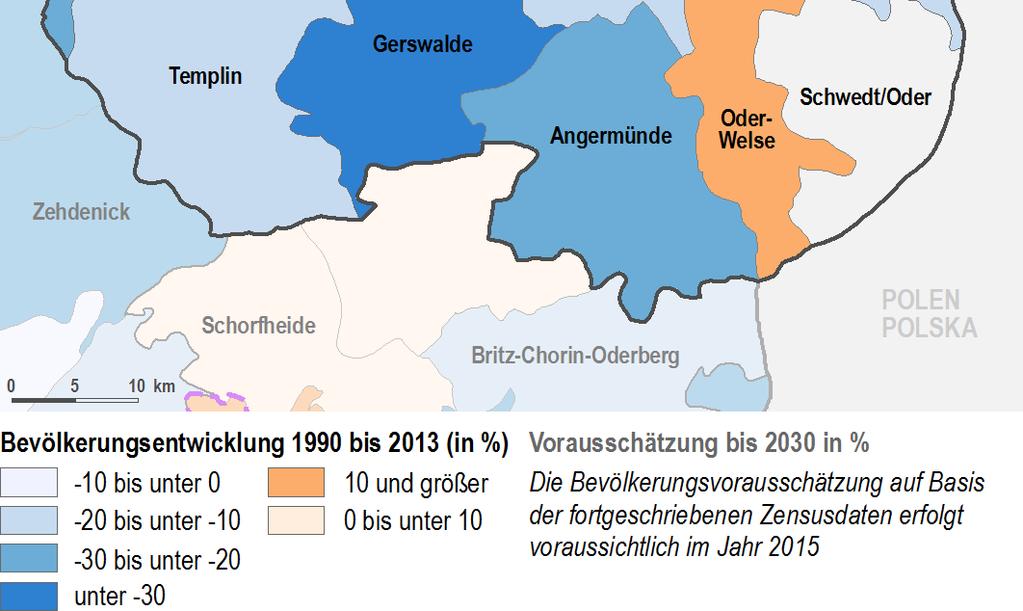 Berkholz-Meyenburg (Zuwachs von über 270 %), Mark Landin und Schöneberg (zwischen Schwedt/Oder und Angermünde gelegen) sowie Grünow (an Prenzlau grenzend) im Kreisvergleich hoher negativer