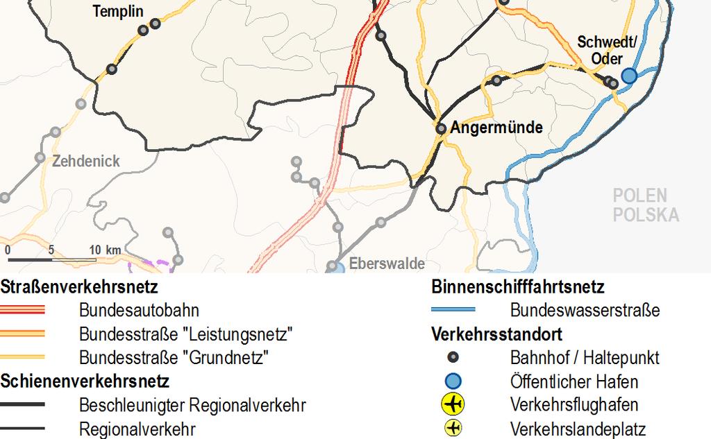 000 EW (Land: 5 km/1.000 EW) Autobahn-Anschlussstellen von Prenzlau in kurzer Zeit erreichbar (BAB 11, BAB 20), von den beiden Zentralen Orten Templin und Schwedt/Oder in ca.