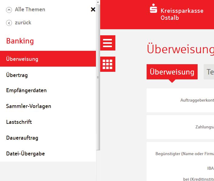 Online- und Mobile-Banking Navigation in der Internet-Filiale auf Smartphone und Tablet Mit dem Navigations-Button gelangen Sie zu allen Themen und Produkten unserer Sparkasse.