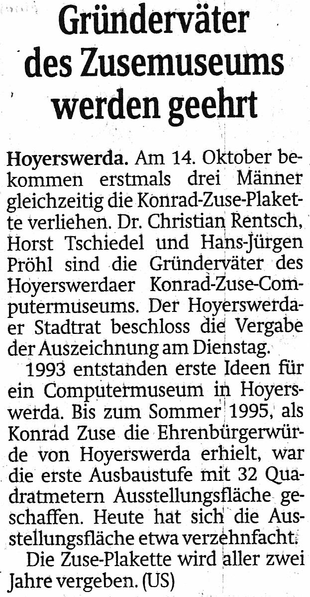 19. Oktober Festveranstaltung zur Verleihung der Konrad-Zuse-Plakette Sächsische Zeitung v. 30.06.