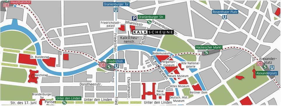 Oder vom Hauptbahnhof mit der S-Bahn S5 zur Friedrichstraße fahren und dort in die Straßenbahn M1 zur Haltestelle Oranienburger Straße umsteigen. Beide Wege haben eine Fahrtzeit von ca. 10 min.