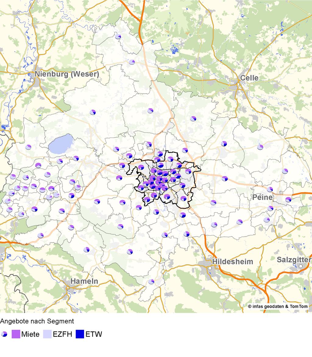 Karte 3: Angebotsstruktur Erläuterung: Die Karte zeigt die Verteilung der Angebote in der Wohnungsmarktregion Hannover.