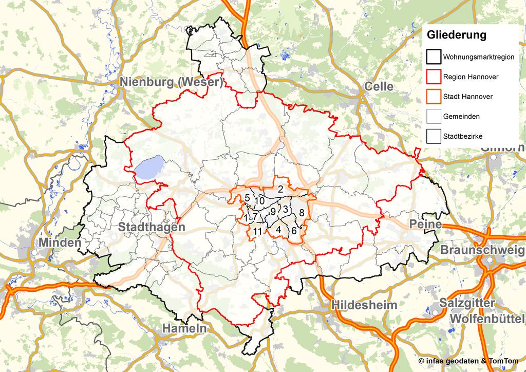 1 Kurzcharakteristik des Wohnungsmarktes Hannover In der Region Hannover, dem Zentrum der hier betrachteten Wohnungsmarktregion, wohnen derzeit gut 1.100.000 Personen in rund 600.000 Haushalten.