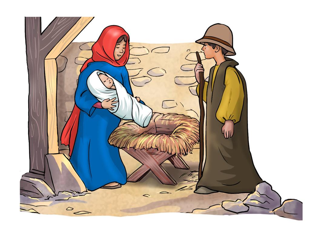 In dieser Nacht kommt Jesus auf die Welt. Maria wickelt ihn in Tücher. In dem Stall ist nur ein Trog, aus dem normalerweise die Tiere fressen. Da legt sie Jesus hinein.