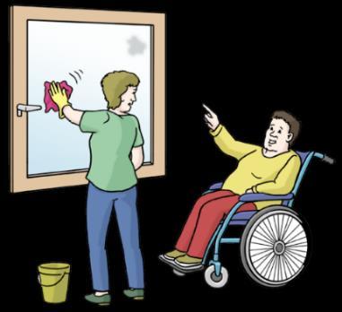 Assistenz: Die Betreuungs person hat keine spezielle Ausbildung. Die Betreuungs person macht etwas für Sie. Sie sitzen im Rollstuhl. Darum können Sie die Fenster nicht putzen.
