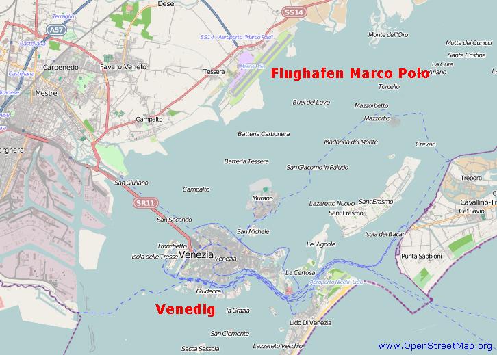 Der Lageplan von Venedig und Flughafen Marco Polo Der Plan ist von http://www.openstreetmap.