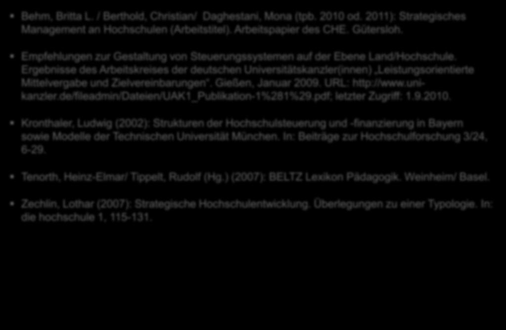 Literaturauswahl Behm, Britta L. / Berthold, Christian/ Daghestani, Mona (tpb. 2010 od. 2011): Strategisches Management an Hochschulen (Arbeitstitel). Arbeitspapier des CHE. Gütersloh.