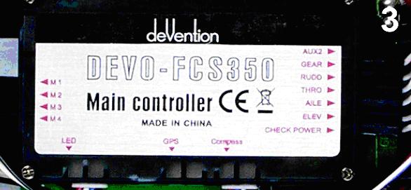 Mainbord FCS350 Am eingebauten Mainboard Devo-FCS350 laufen alle wichtigen Informationen zusammen. Hier werden neben den Motoren und Reglern auch das Kompass Modul und das GPS angeschlossen.