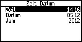 Anwahl des Menüpunktes Regler mittels Drehrad und bestätigen mit Anwahl des Menüpunktes Zeit, Datum mittels Drehrad und bestätigen mit In diesem Menüpunkt können nun Zeit, Datum oder das Jahr