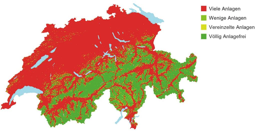 6 Abbildung: Vorkommen anlagefreier Gebiete in der Schweiz für das Jahr 2014 Quelle: swisstopo TLM Der Kreis derer, die mit ihren Aktivitäten und Handlungen die Landschaft mitgestalten, ist gross.