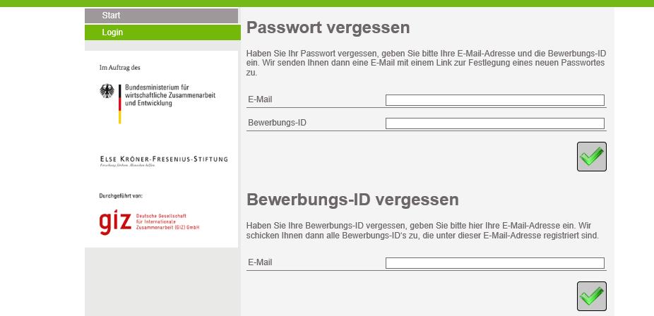 1.3 Zugangsdaten vergessen Sollten Sie einmal Ihr Passwort oder Ihre Bewerbungs-ID vergessen haben, können Sie Ihre Zugangsdaten über den Punkt Zugangsdaten vergessen auf der Login-Seite durch