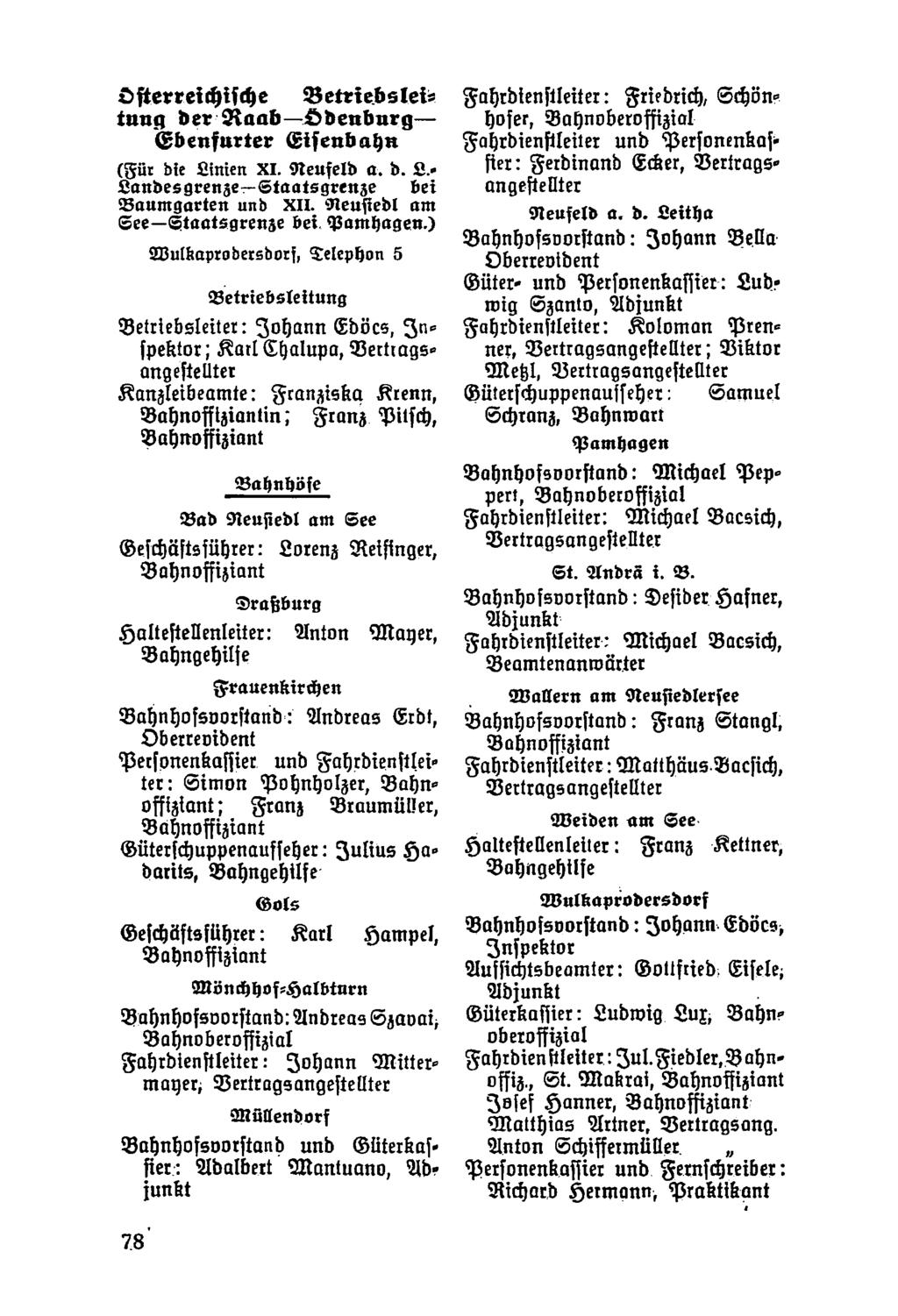 österreichische Betriebsleitung der Raab-Odenburg Ebensurter Eisenbahn (Für die Linien xl. Neufeld a. d. L- LandesgrenzefStaatsgrenze bei Baumgarten und xll.