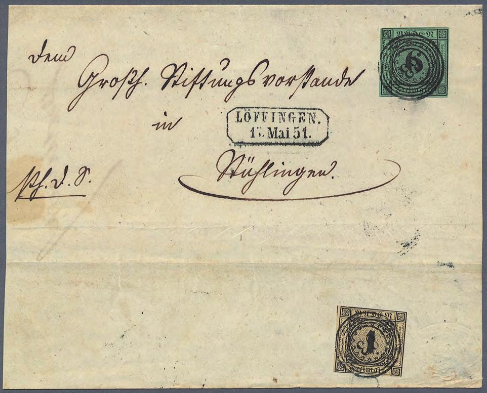 1851 Seltene und dekorative Buntfrankatur mit vorausbezahltem Bestellgeld Portorichtig frankierter Brief für die zweite Gewichtsstufe: 3 Kreuzer Franko und 1