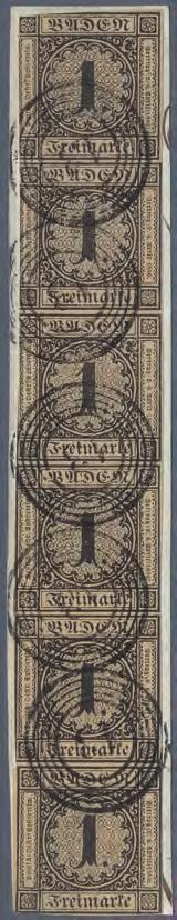 1851 Seltene Einheit: senkrechter Sechserstreifen der 1 Kreuzer schwarz auf bräunlichem Papier Dieser dekorative, seltene und besonders