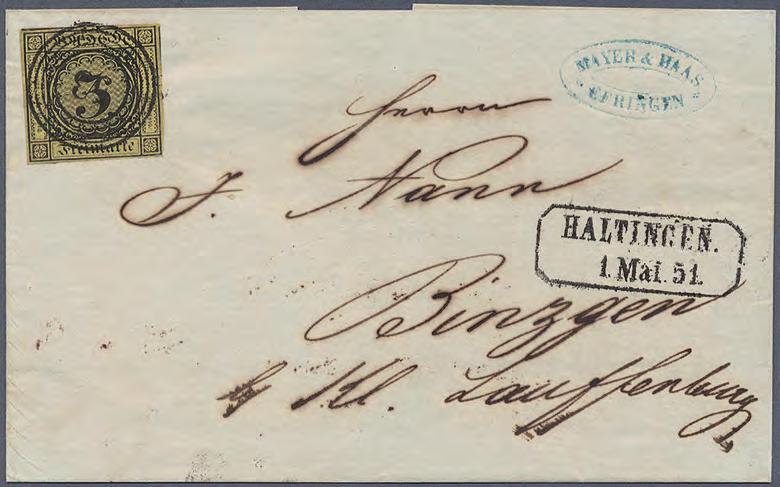 1851 Brief vom ersten Verwendungstag badischer Briefmarken Am 1. Mai 1851 führte das Großherzogtum Baden Briefmarken ein. Die Druckplatten stellte der Graveur C. Neumann in Frankfurt/M.