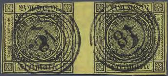 1851 Zwischenstegpaar der 3 Kreuzer schwarz auf gelb ( Brücke ) Bei den ersten Marken Badens wurden auf einem Druckbogen zwei Gruppen von Marken gedruckt.