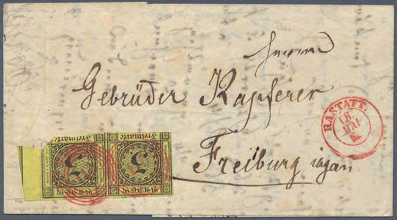 1851 Paar der 3 Kreuzer schwarz auf gelb mit Brückenansatz Brief aus Rastatt nach Freiburg frankiert mit einem waagerechten Paar der 3 Kreuzer schwarz auf gelb mit anhängendem 7 mm