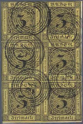 1851 Größte bekannte Einheit der 3 Kreuzer schwarz auf orangegelb Senkrechter Sechserblock der 3 Kreuzer schwarz auf orangegelb, 1.