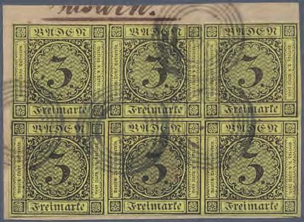 1852 Größte bekannte Einheit der 3 Kreuzer schwarz auf gelb Waagerechte Sechserblock der 3 Kreuzer Marke von 1851 auf dem ab 1852 benutzten gelben Papier (die erste Auflage ist auf orangegelben