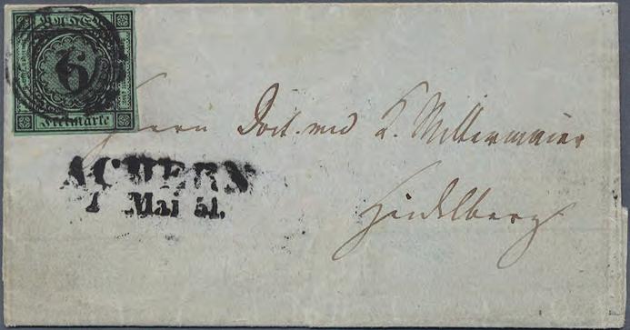 1851 Ersttagsbrief der 6 Kreuzer schwarz auf blaugrün Am 1. Mai 1851 führte das Großherzogtum Baden Briefmarken ein. Die Druckplatten stellte der Graveur C. Neumann in Frankfurt/M.