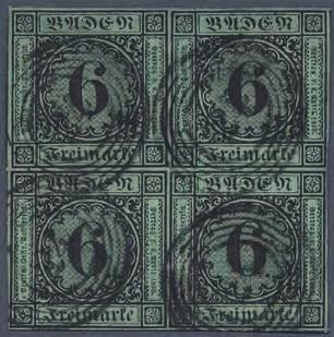 1851 Seltene Einheit: Viererblock der 6 Kreuzer schwarz auf blaugrün, 1.