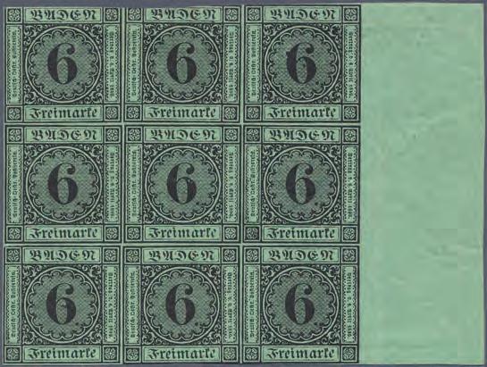 1851 Zweitgrößte bekannte, ungebrauchte Einheit der 6 Kreuzer schwarz auf blaugrün Ungebrauchter Neunerblock der 6 Kreuzer schwarz auf blaugrün, 1. Auflage, mit echter Gummierung.