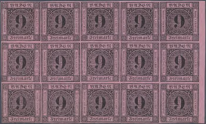 1851 9 Kreuzer schwarz auf lilarosa, ungebrauchter Fünfzehnerblock Die badischen Marken wurden mit der Ausgabe neuer Marken nicht ungültig.