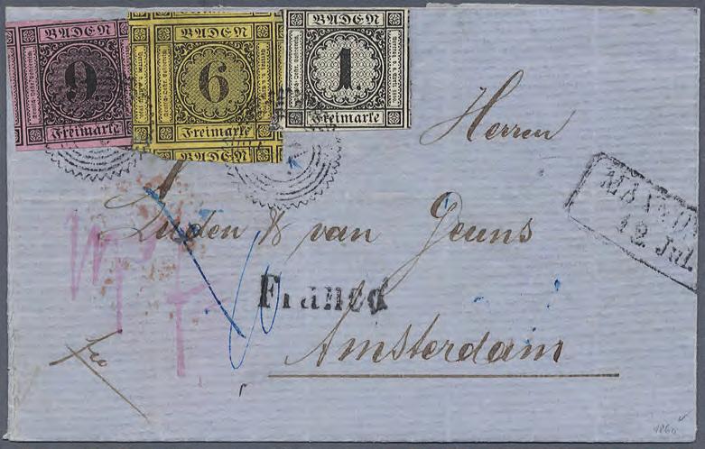 1851/1853 Dreifarben-Mischfrankatur mit kleinem Neunerblock Als sogenannter kleinen Neunerblock bezeichnet man eine Marke, die so großzügig geschnitten wurde, dass Teile aller acht Nachbarmarken