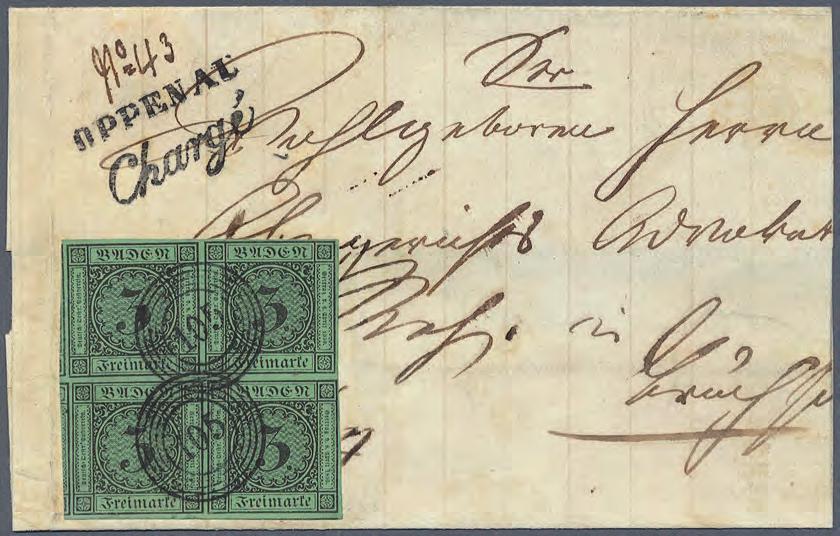 1853 Viererblock der 3 Kreuzer schwarz auf grün auf Brief Chargé Brief aus Oppenau nach Bruchsal.