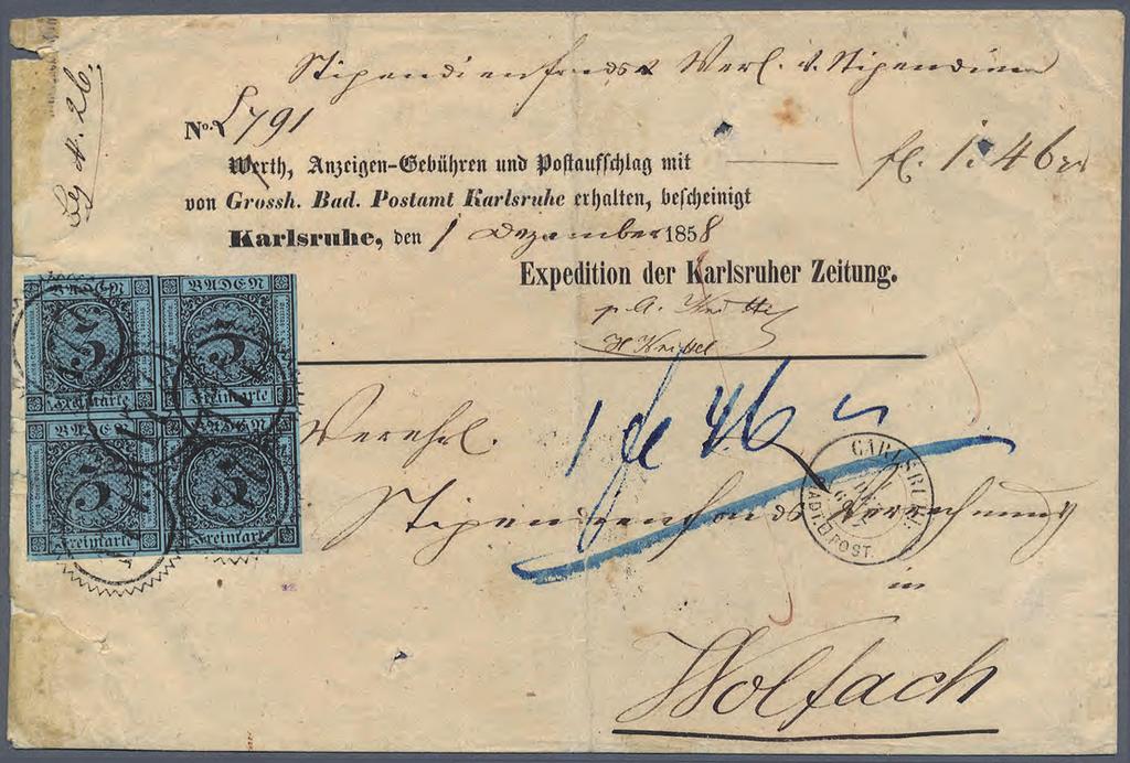 1858 Seltener Viererblock und früheste Verwendung der Marke Nachnahme Briefumschlag portorichtig frankiert mit seltenem Viererblock der 3 Kreuzer schwarz auf blau, entwertet