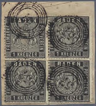 1860 1 Kreuzer schwarz, eng gezähnt im Viererblock Dekorativer Viererblock der 1 Kreuzer schwarz, eng gezähnt,