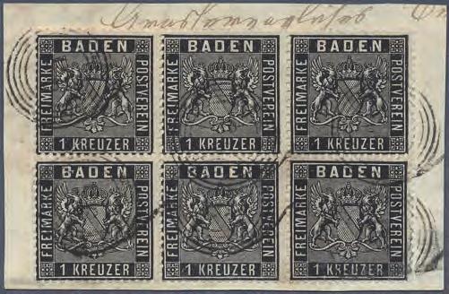 1861 Große Einheit der 1 Kreuzer schwarz Waagerechter Sechserblock der eng gezähnten 1 Kreuzer Marke von 1860 auf Briefstück, entwertet mit Fünfringstempel