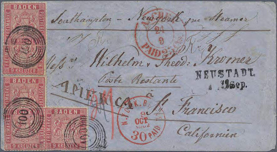 1860 45 Kreuzerfrankatur auf Brief in die USA Auslandsbriefe waren zur damaligen Zeit eine teure Angelegenheit.