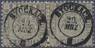 1862 Paar der 1 Kreuzer (Wappen mit Linien) weit gezähnt in silbergrau Alle Badischen Marken wurden in relativ kleinen Auflagen gedruckt bei Bedarf wurden weitere Auflagen bestellt und gedruckt.