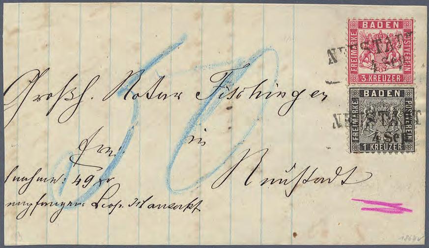 1864 Nachnahme Ortsbrief entwertet mit Zeilenstempel 3 Kreuzer rot (unlinierter Hintergrund) und 1 Kreuzer schwarz (linierter